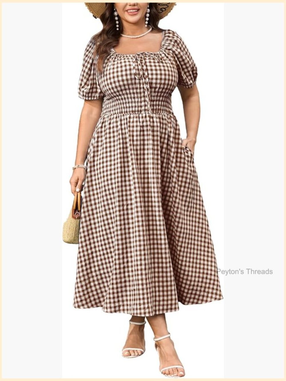 Plus Size Square Neck Tie Front Maxi Dress with Pockets Plaid Short Sleeve